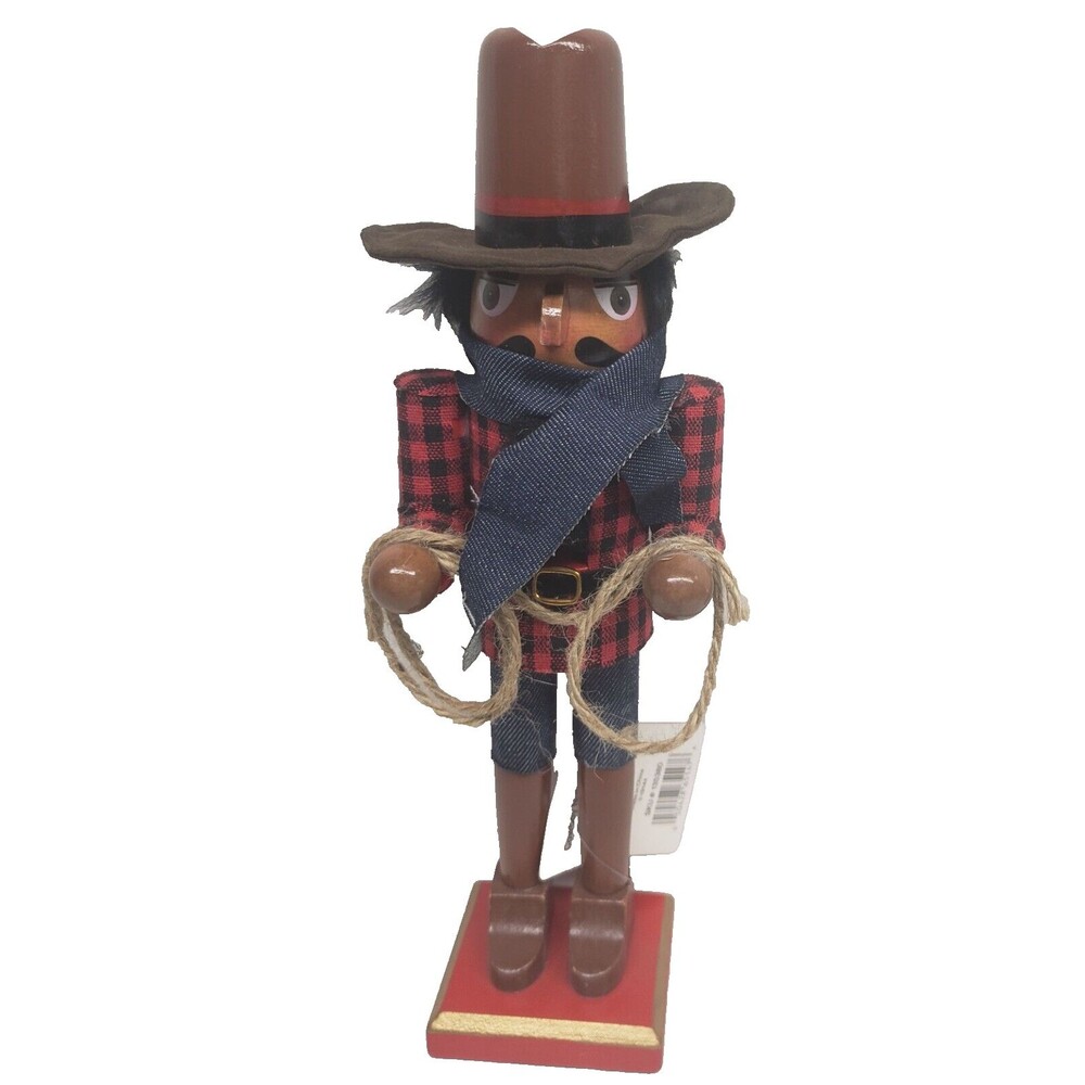 Wooden Christmas Nutcracker,12", AFRICAN AMERICAN COWBOY WITH LASSO,Merry Bright